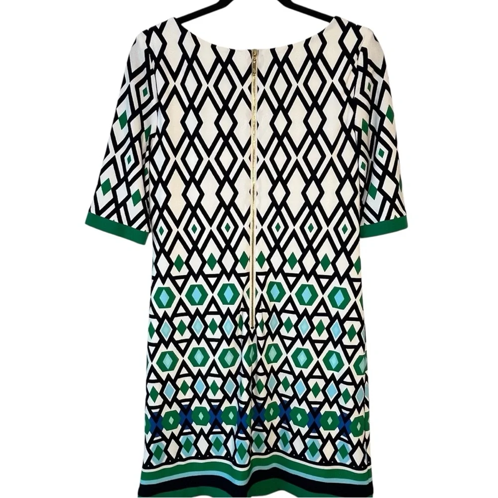 Eliza J Black White Green Boxy Geometrical 3/4 Sleeve Jersey Knit ShiftDress Mod - Picture 4 of 11